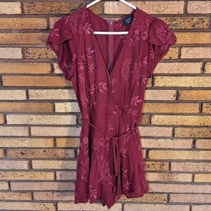 VICI Medium Wine Red Embroidered Wrap Romper